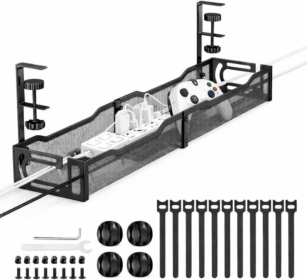 Under Desk Cable Management Tray – 25” Metal Cable Organizer with Clamp Mount, No Drill Wire Management Rack for Office & Home Desk (Black)