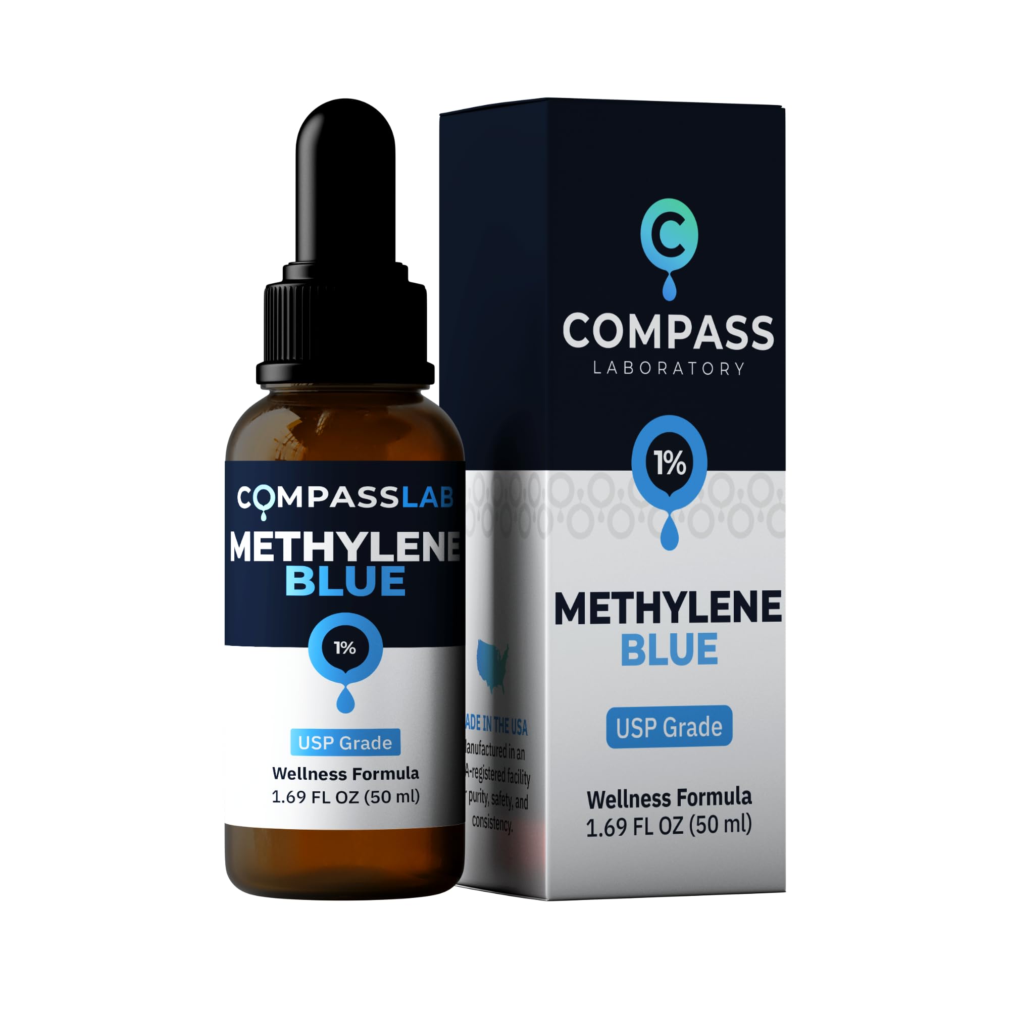 Methylene Blue 1% Solution | USP-Grade Research Formula | Premium Purity, Practitioner-Directed Use | 50 mL Amber Glass Dropper Bottle | Made in USA