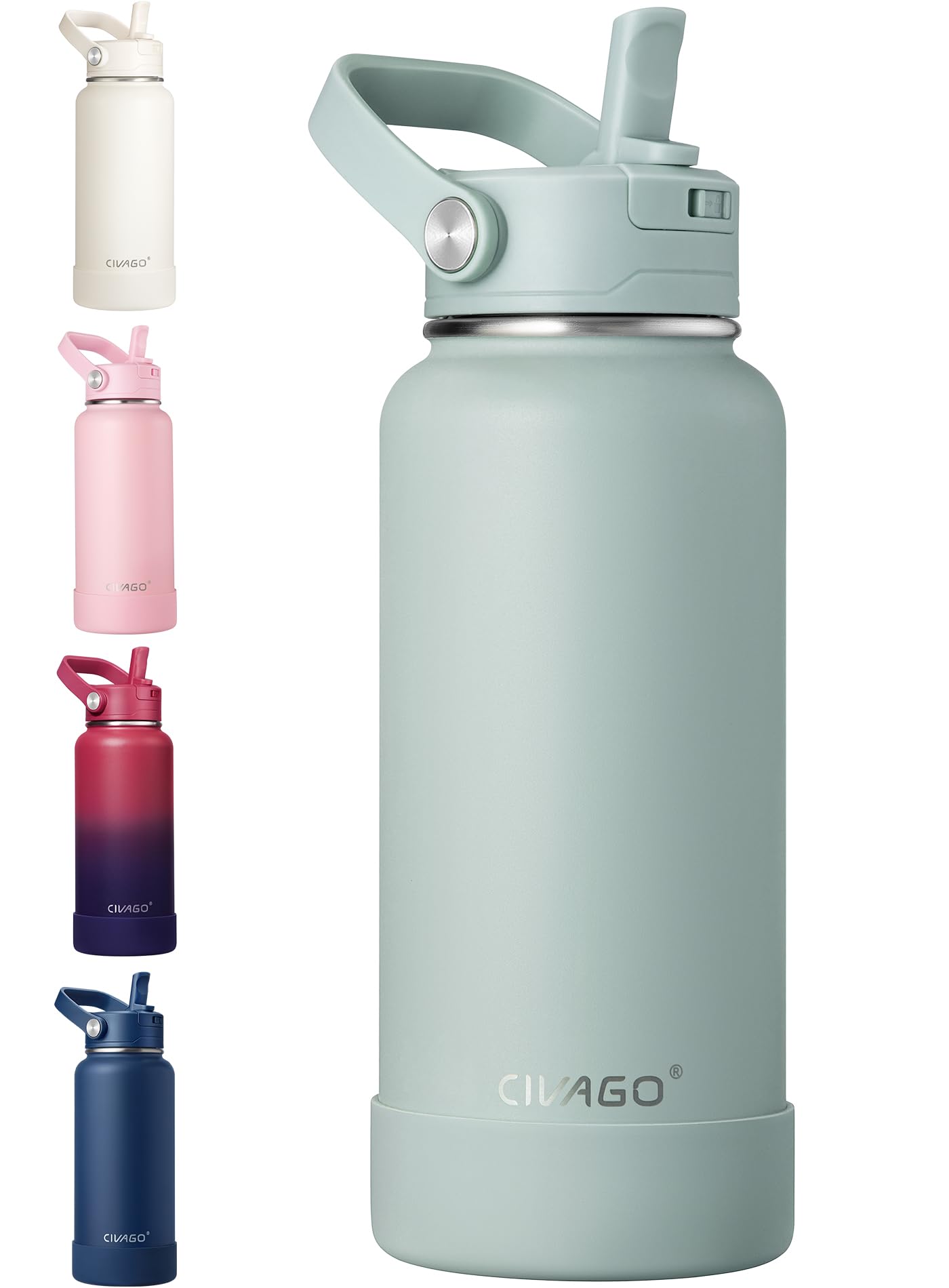 CIVAGO Insulated Stainless Steel Water Bottle with Detachable Straw, 950ml Metal Sports Drink Bottle with Bucket Handle, Leakproof Large Flask with Silicone Boot for Gym, Dishwasher Safe, Sage