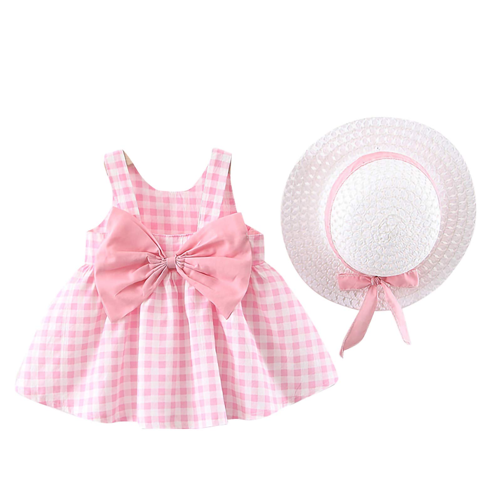 Qiraoxy Vestido de Verano para niña Elegante Imprimiendo Arco sin Mangas Vestido De Princesa Vestidos Playa + Sombrero de Sol con Lazo Conjunto