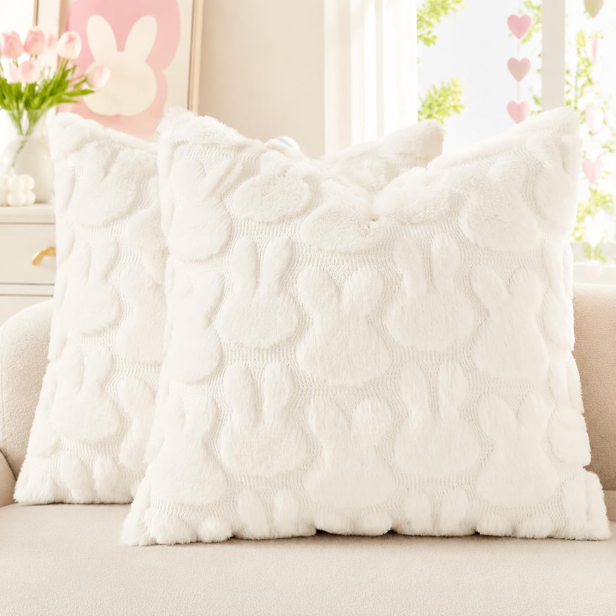 decorUhome Cream White Faux Fur Bunny Throw Pillow Covers 18x18 Set of 2