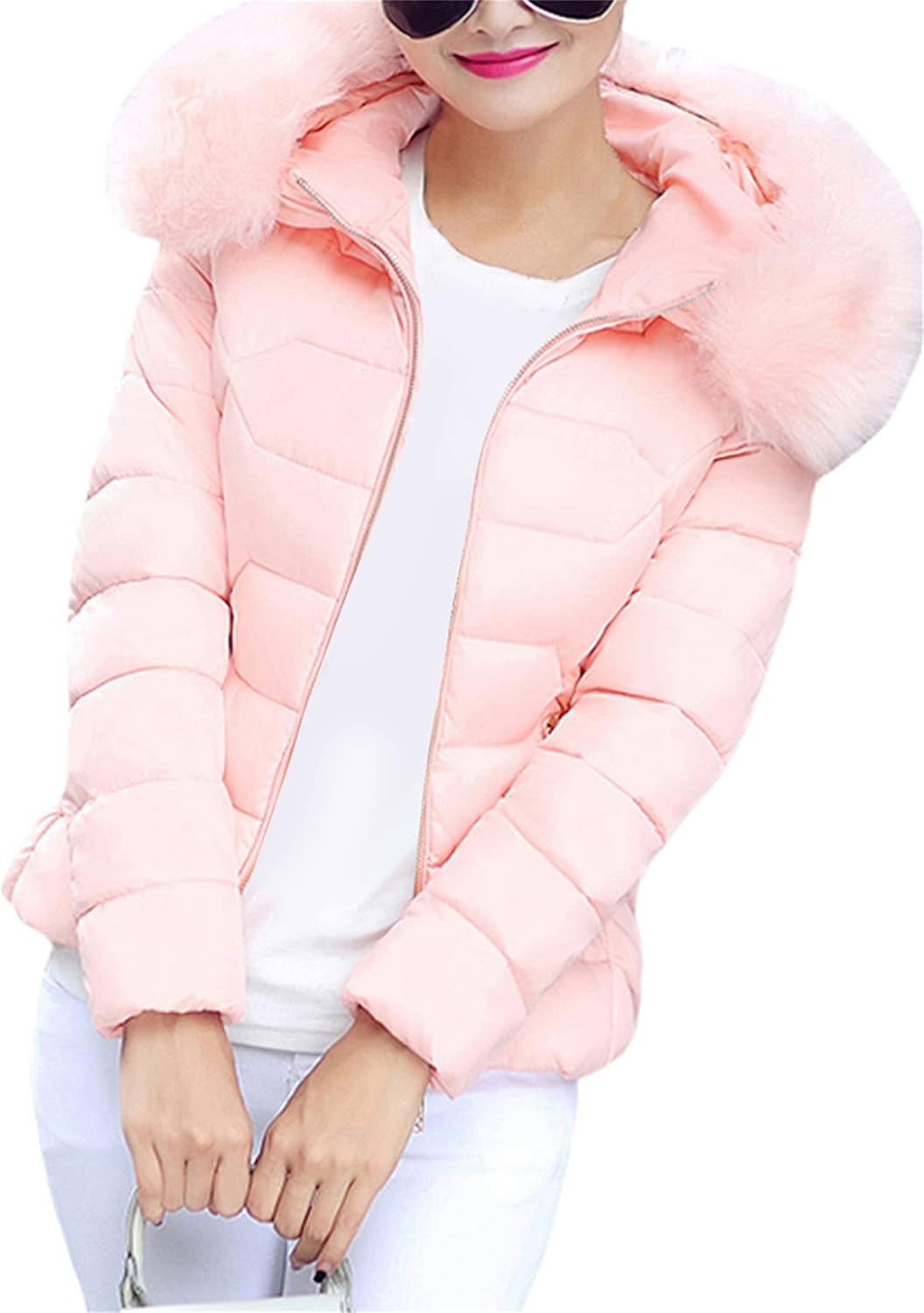 Women's Lightweight Long Sleeve Zipper Coat Winter Quilted Puffer Jacket Oversized Warm Parka Coat with Faux Fur Hood