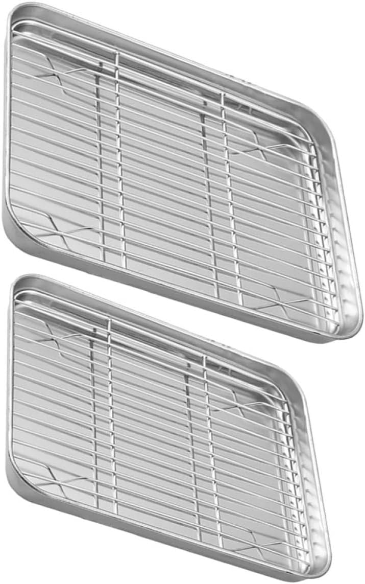2 Sets Stainless Steel Baking Sheets with Oven-safe Cooling Racks, 23.5x17.5cm and 26.5x20.5cm, Non-warp Baking Pan Set for Cooking and Roasting