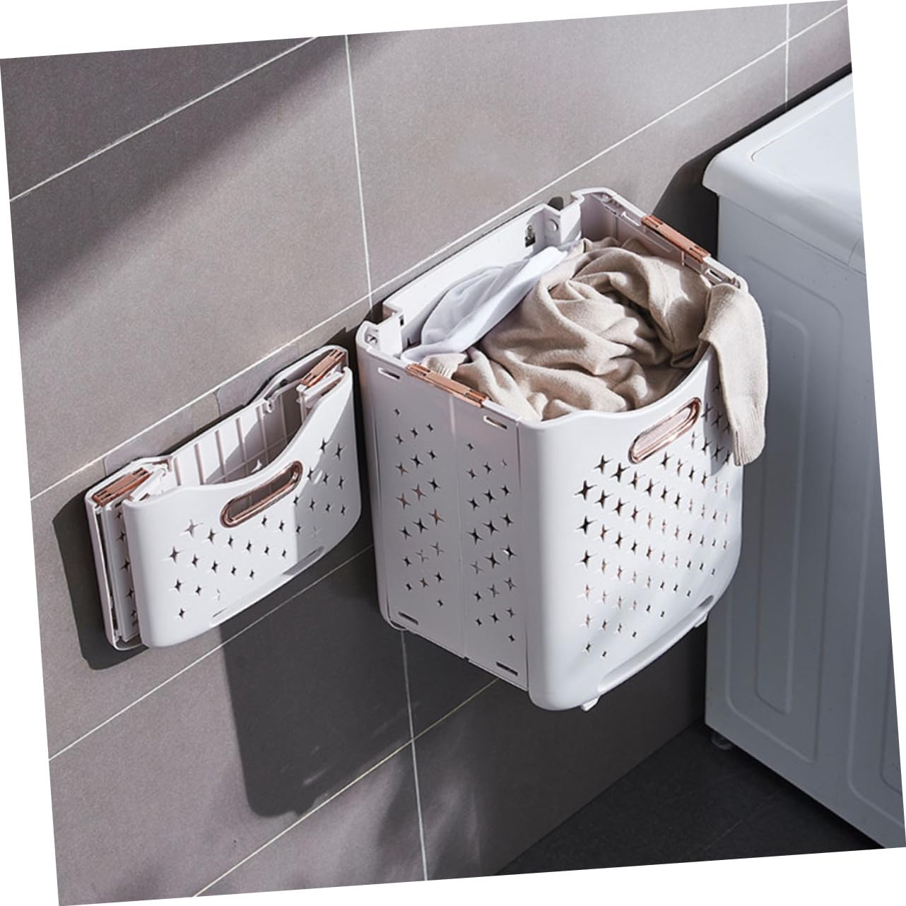 Cesta de Ropa de Doble Capa Plegable con Ruedas para Baño