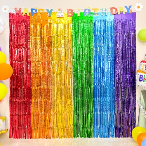 4 Pack Rainbow Foil Fringe Curtains, 13.2x6.6ft Colorful Tinsel Streamers Backdrop, Photo Backdrop for Birthday, Wedding, Baby Shower, Back to School, Pride Month | Rainbow Streamers Party Decorations