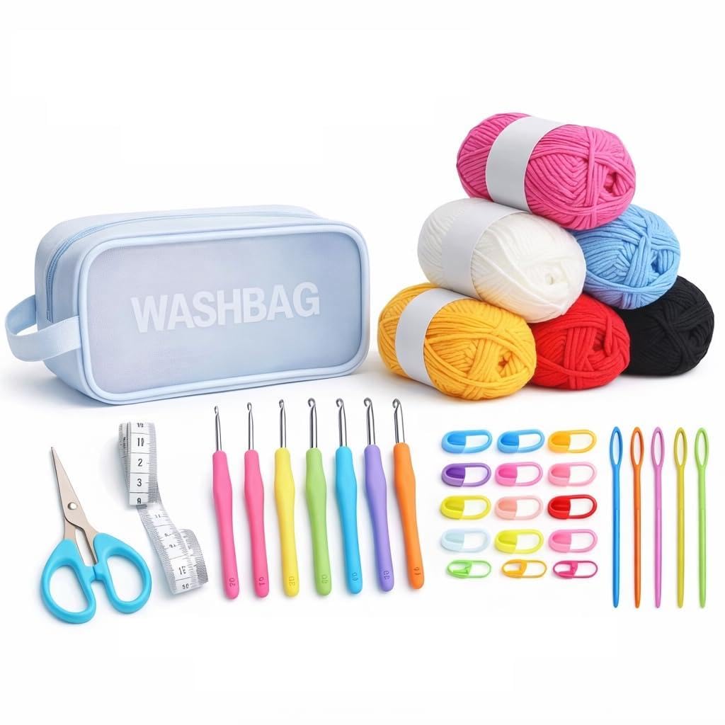 RAGHAVENTERPRISES Premium Crochet Kit for Beginners with 6-Color Yarn & 8-Piece Ergonomic Crochet Hooks Set with Storage Wash Bag-image-15