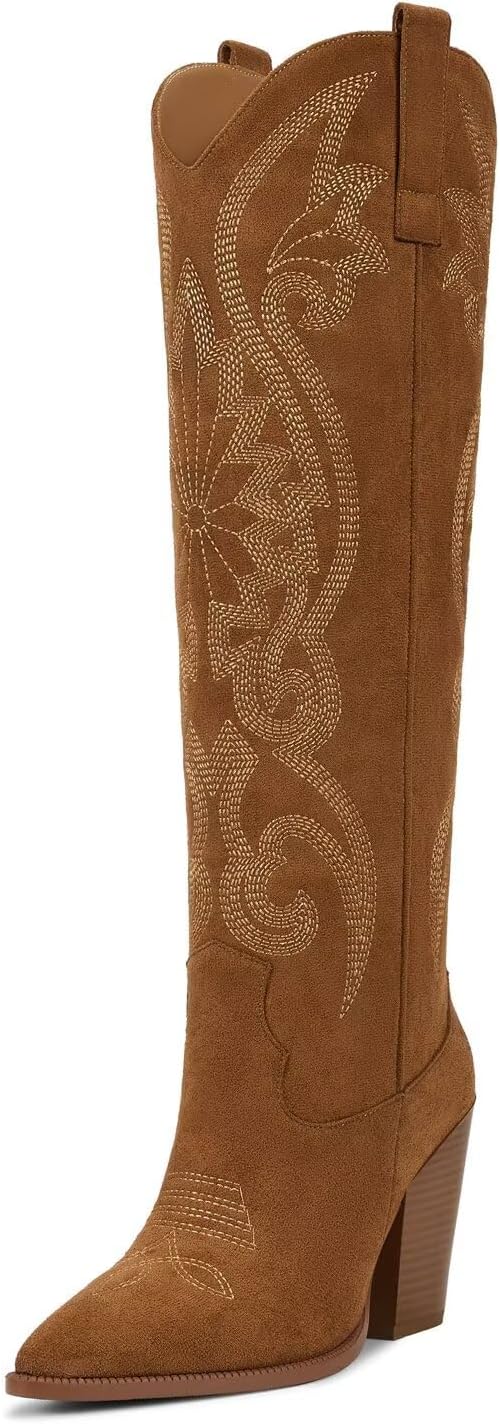 ISNOM Womens Cowboy Knee High Boots Cowgirl Boots Western Boots with Embroidered Pointed Toe Chunky Heel Slip on Retro Tall Boots