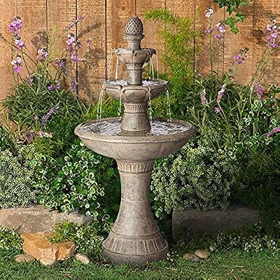 Louvre Italian Style 3 Tier Outdoor Floor Water Fountain with Light LED 44" High Gray Faux Stone Resin for Garden Patio Backyard Deck Home Lawn Porch House Relaxation Exterior - John Timberland