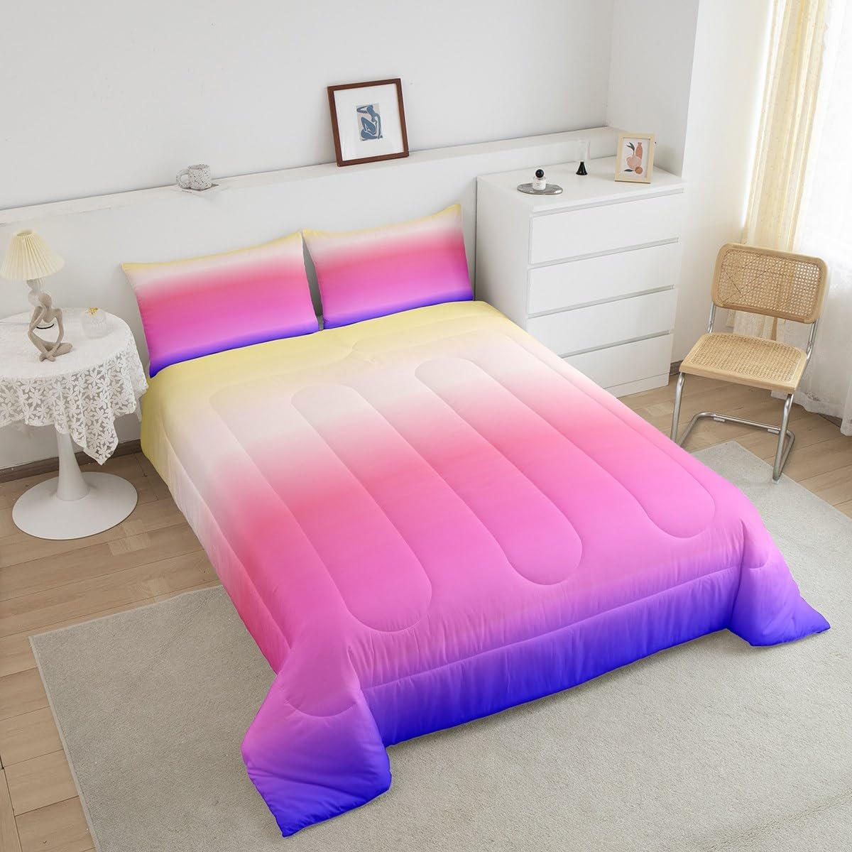 Feelyou Ombre Comforter King, Pink Purple Gradient Duvet Set - 3Pcs