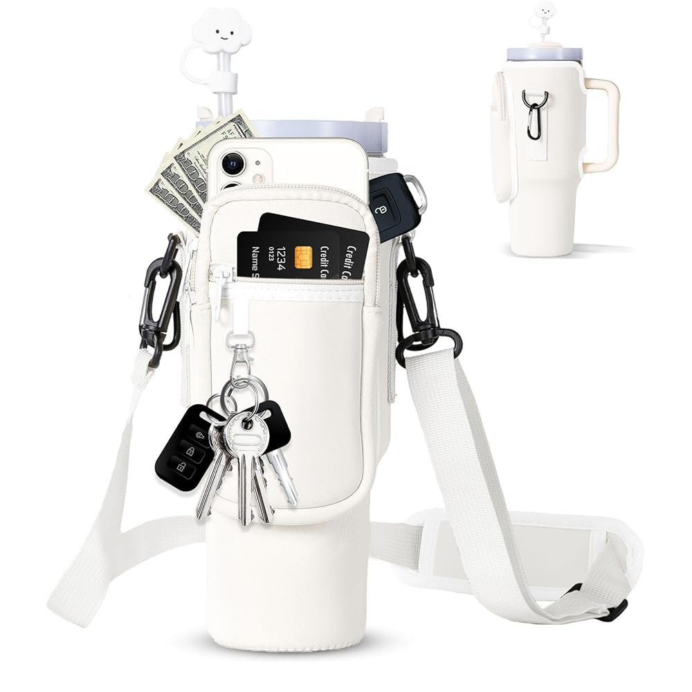 dabria Water Bottle Carrier Bag with Phone Pocket for Stanley 40/30 oz Tumbler Neoprene Water Bottle Holder Pouch with Adjustable Strap Bollus with Straw Cover & Carabiner for Stanley Cup Accessories