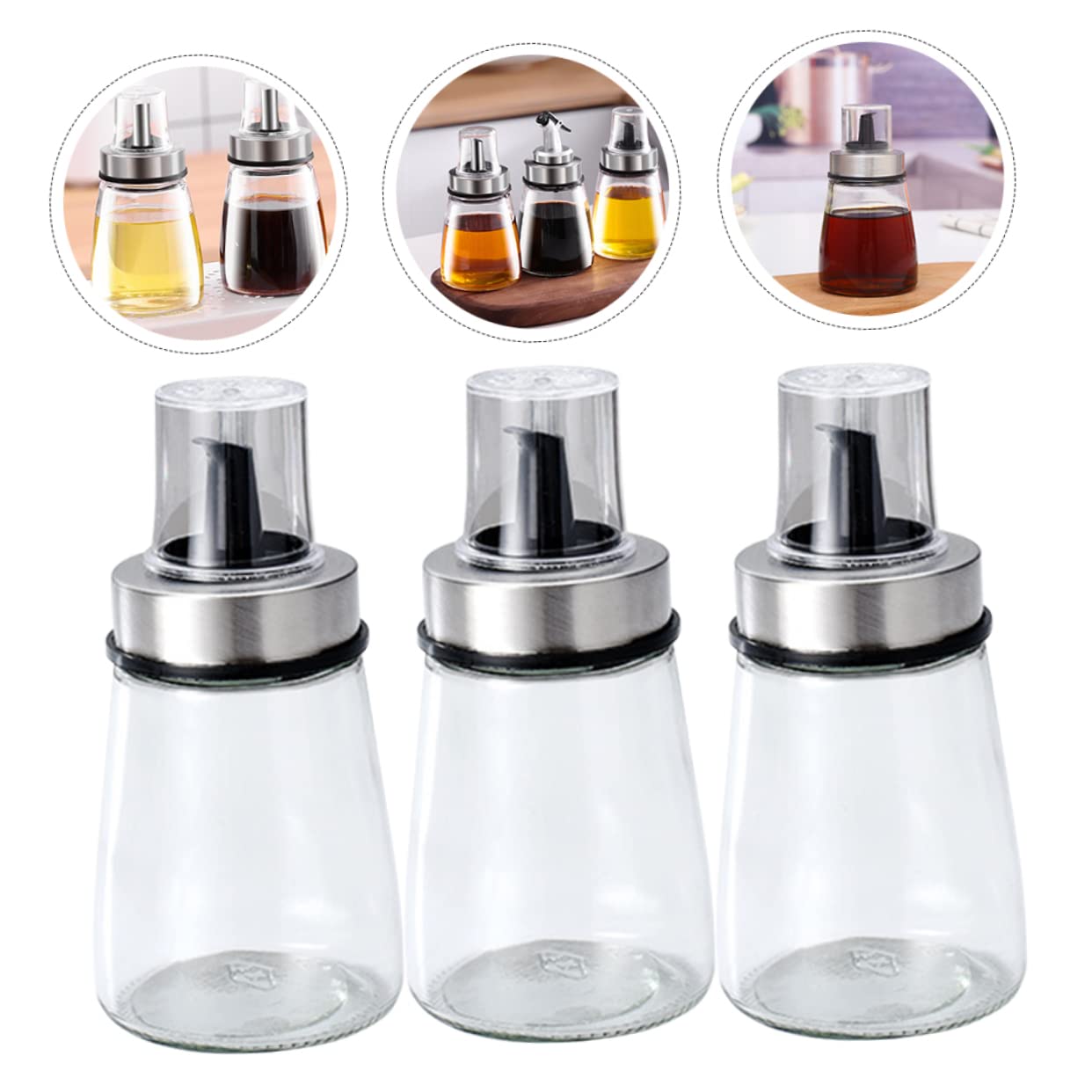 COLLBATH 3 Kleine Glasflaschen für Öl Essig und Sojasoße Einhandbedienung 3 Stück für Küche und Tisch aus Glas mit Edelstahlverschlüssen