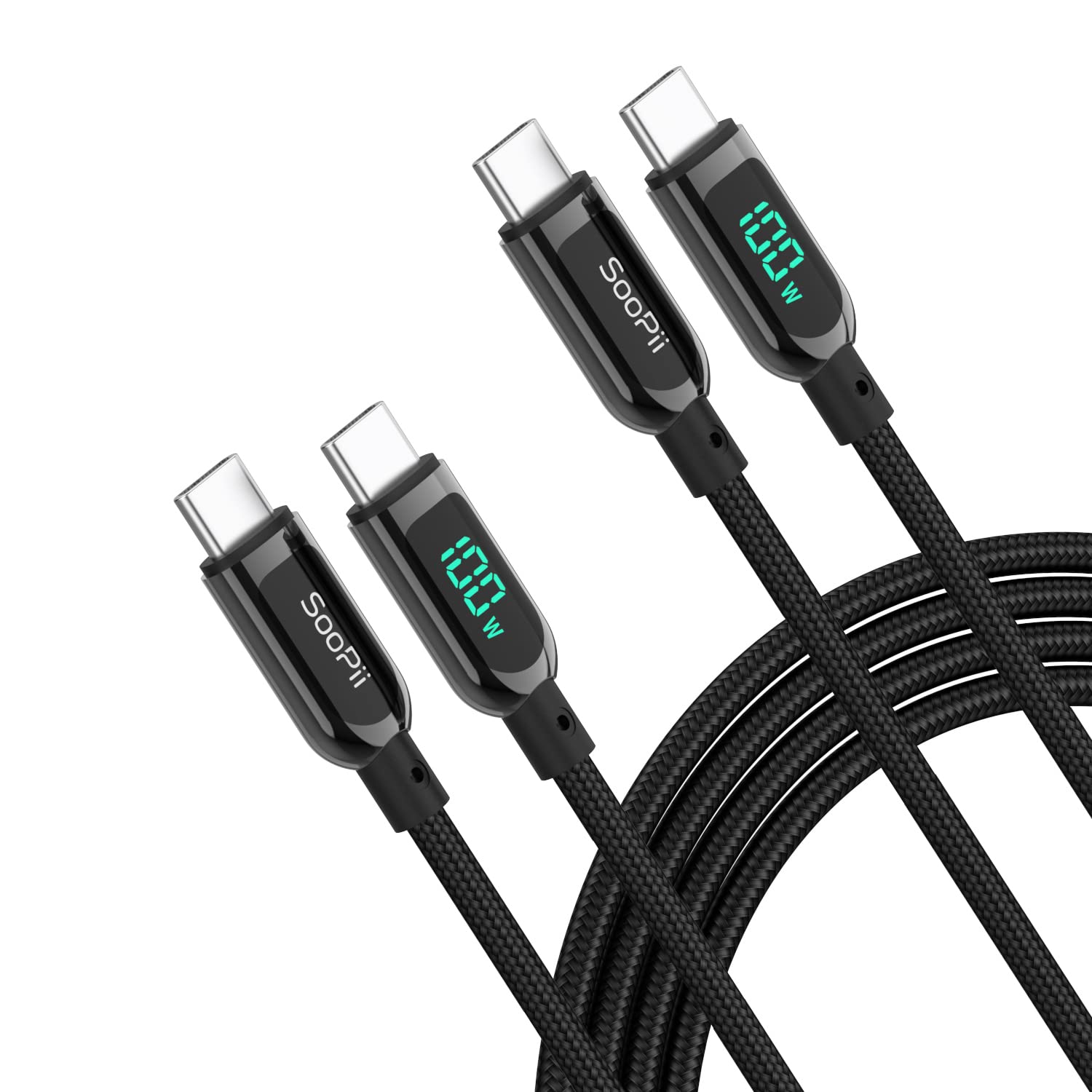SOOPII Cavo USB Tipo C,100W Ricarica Rapida Nylon Intrecciato Cavo USB Tipo C con display a LED per lPhone 15/15 Pro/15 Plus,lPad Air, MacBook Pro,Galaxy S23/S22 (Nero, 2m 2Pezzi)