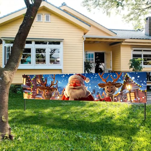 Image of Santa and Reindeer Outdoor Banner 78.7 x 17.7 Inch Jolly Santa with Gifts and Reindeer Festive Winter Scene Holiday Decoration for Yard Garden Porch Fence or Patio Display
