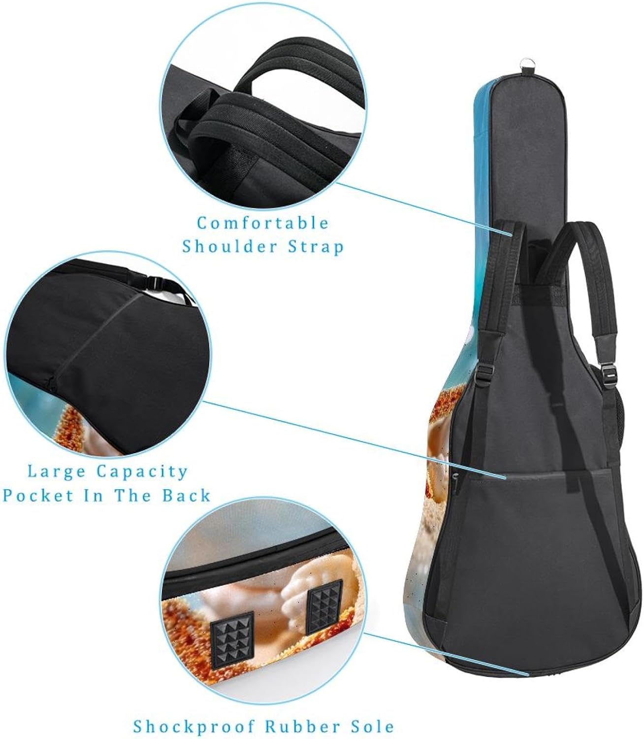 Acoustic Guitar Gig Bag 10mm Thick Padding, Soft Waterproof Guitar Case with Adjustable Backpack Straps for 40-42 Inch Guitar, Starfish and Seashells in Sea Water Blue Ocean Background