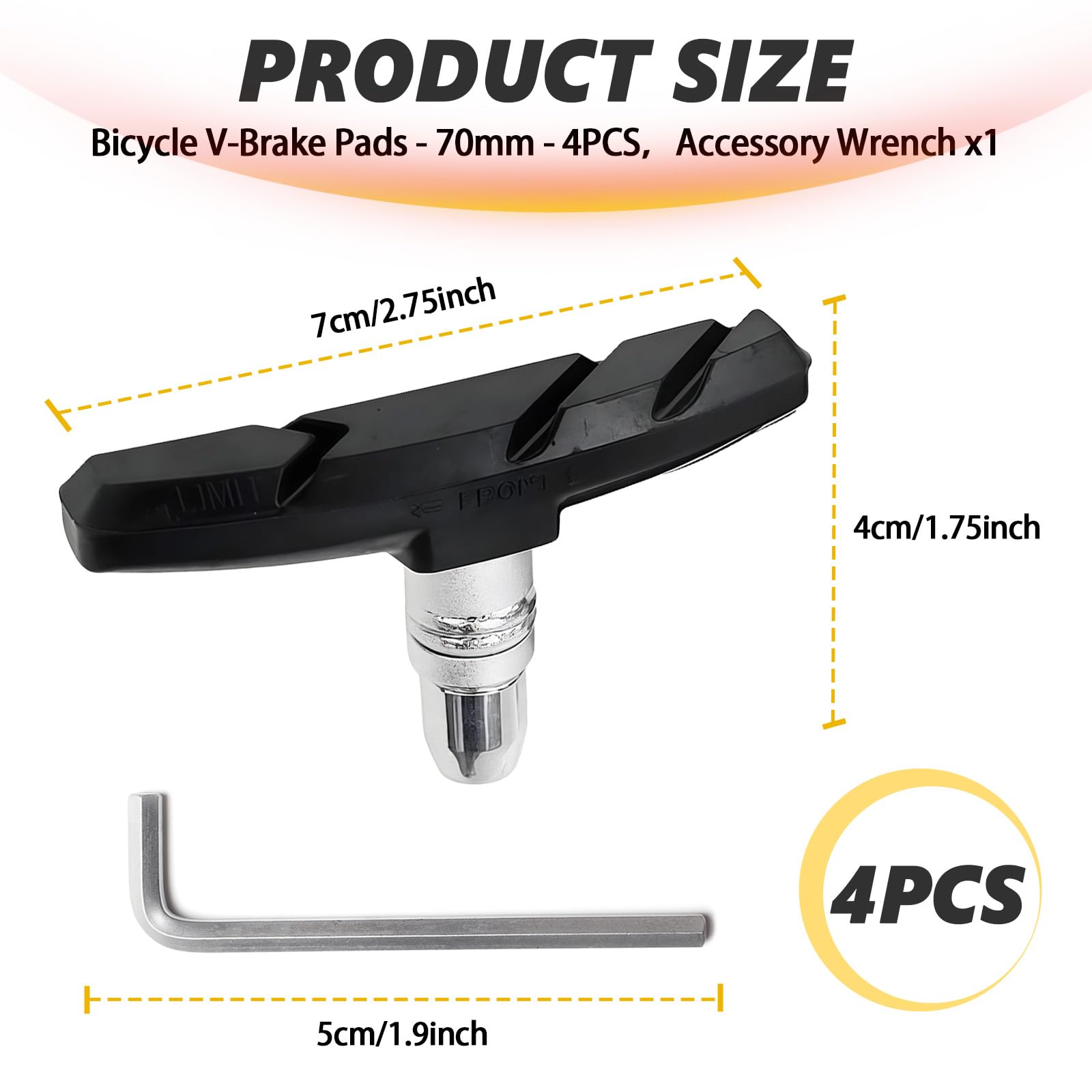 Set di 4 pastiglie freno a V per bicicletta, 70 mm, per freni a cerchione, ganasce dei freni silenziose, pastiglie dei freni, pastiglie dei freni, ganasce freno anteriori e posteriori in gomma
