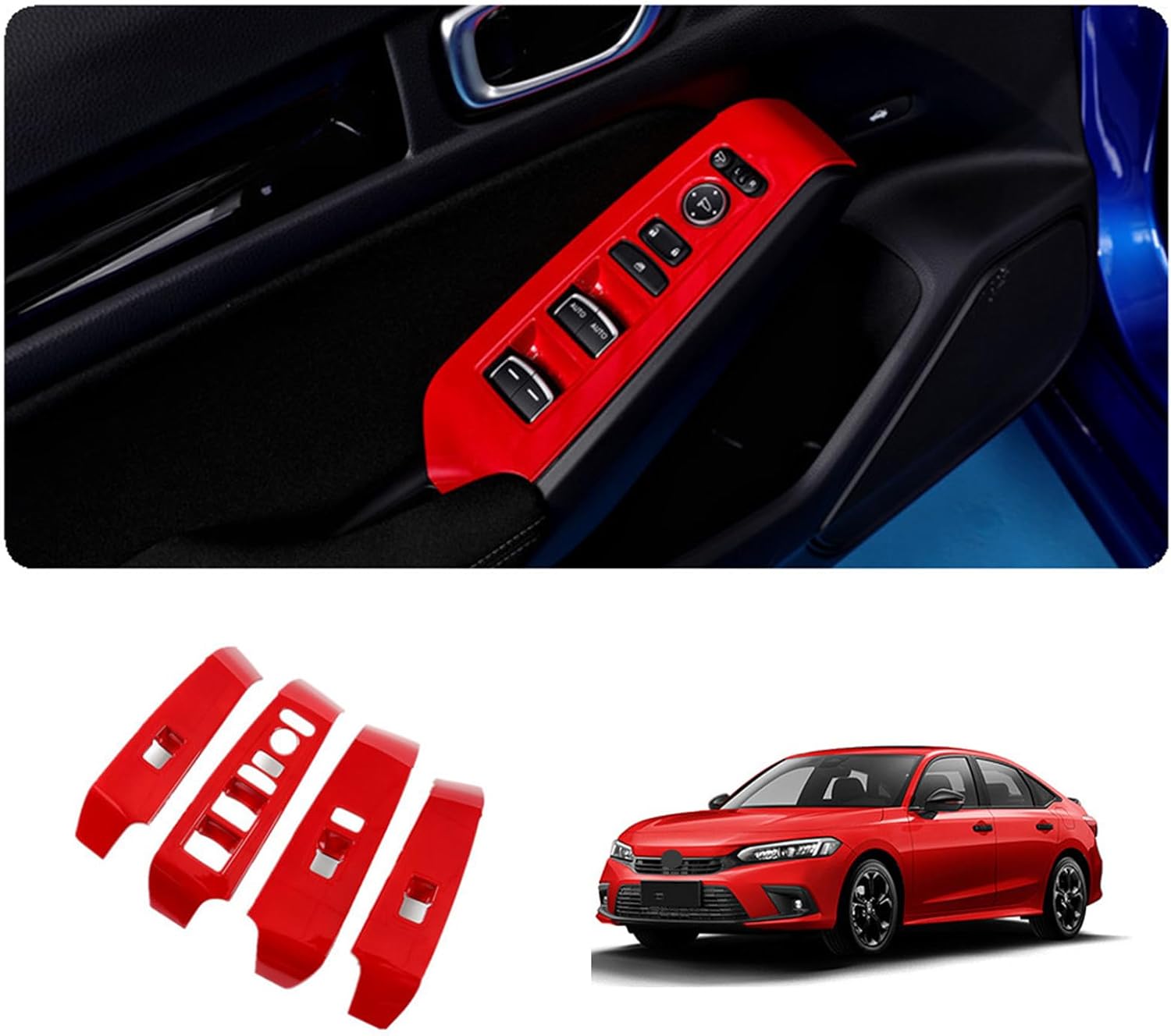 for 11th Gen Honda Civic 2022 2023 2024 Auto Window Control Panel Cover Trim Door Armrest Switch Button Frame Decorative Accessory 4PCS Red