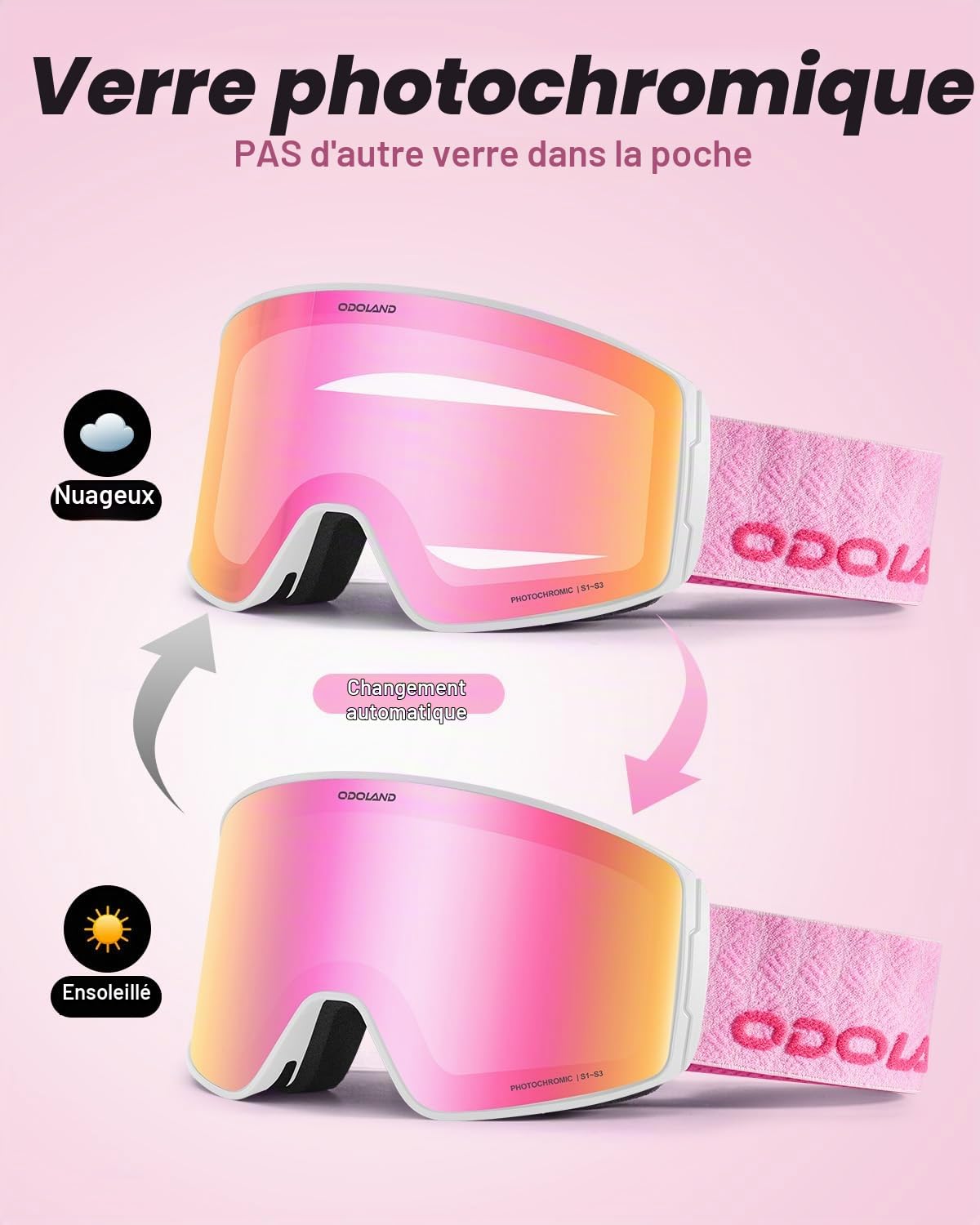 Odoland Lunettes de Ski Photochromique pour les Jours Ensoleillés et Nuageux, Anti-Buée, UV400 Protection, Masque de Ski de Neige et Snowborad pour Homme Femme Adulte Adolescent