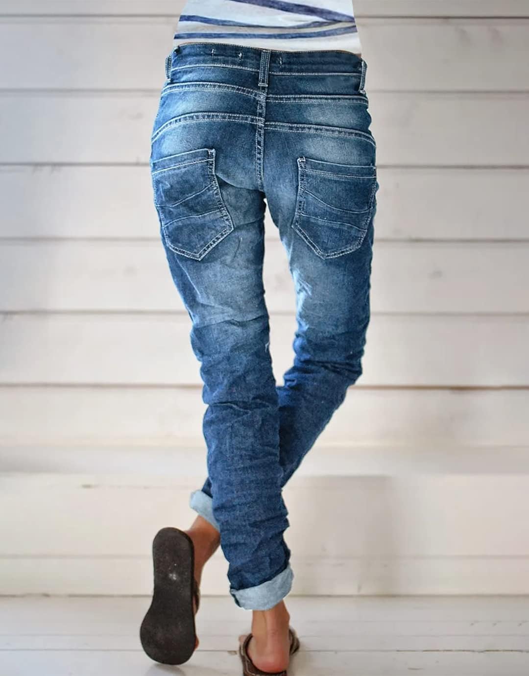 Flamingals Cuffed Jeans for Women Stone Wash Stitch Button Fly at