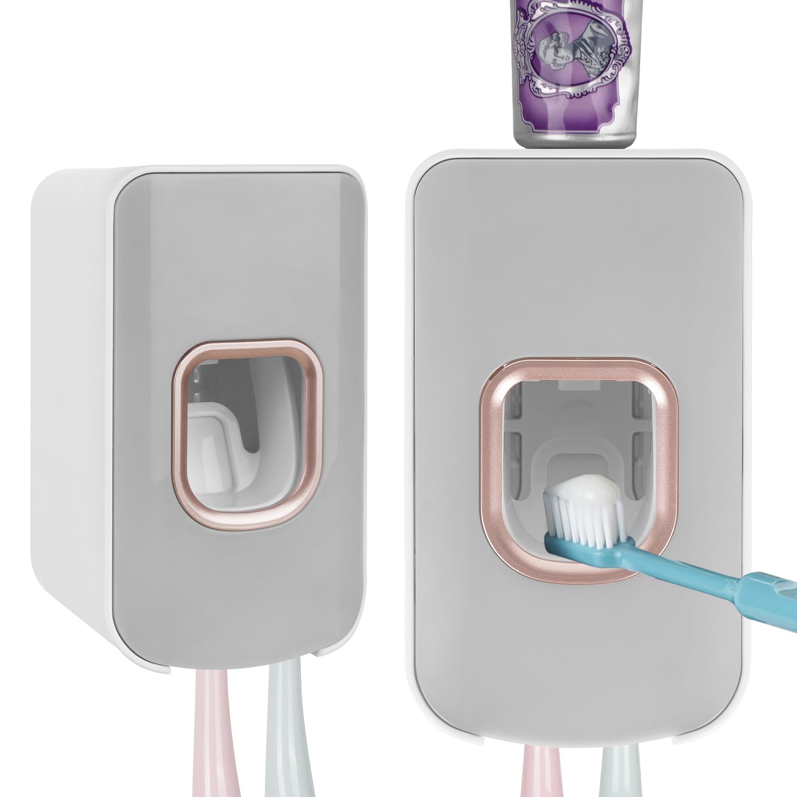2 Slot Toothbrush Holder and Toothpaste Dispenser Wall Mounted, Automatic Toothpaste Squeezer