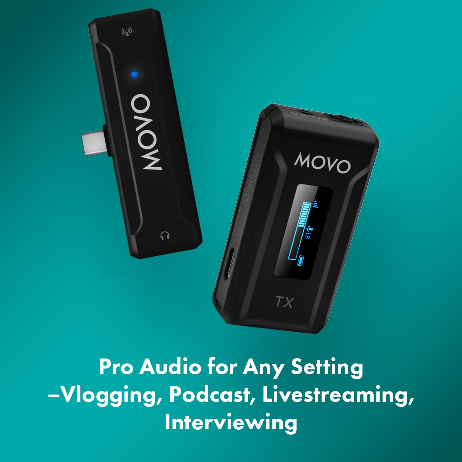 Movo - WMX-2-C Micrófono de Solapa inalámbrico para Android con Estuche de Carga, micrófono Integrado, micrófono de Solapa con Clip, batería 7HR, Rango de 328', Ganancia Ajustable, Pantalla LED