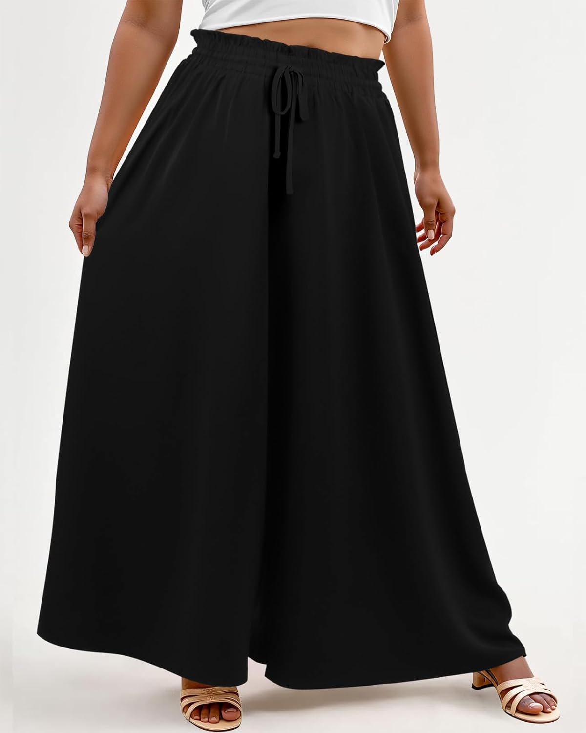 Lastshe Women's Plus Size Pants Wide Leg High Waist Flowy Casual Palazzo Flared Lounge Trousers Culottes with Pockets - Image 4