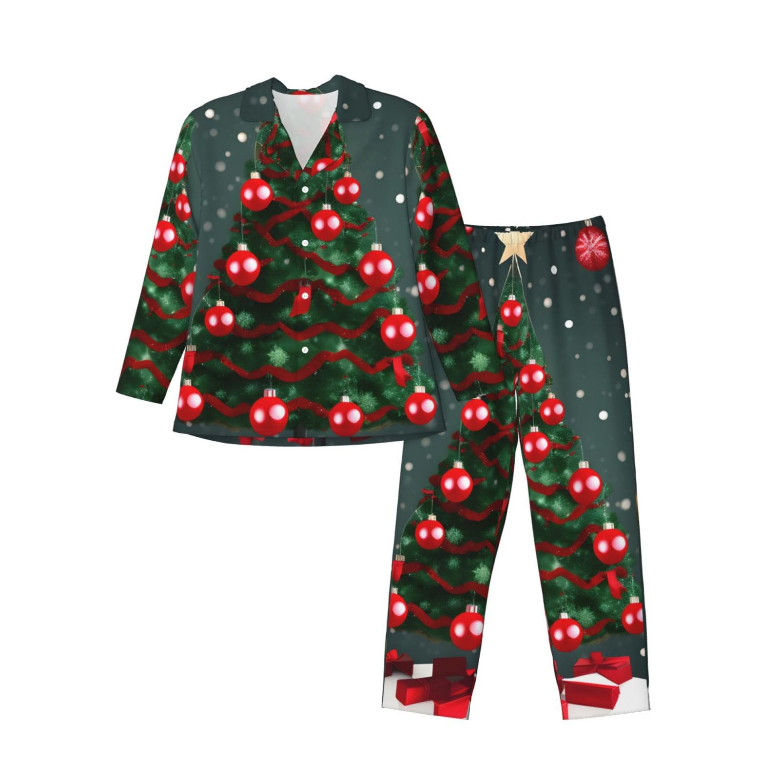 Herren-Pyjama-Set mit Weihnachtsbaum- und Ball-Aufdruck, langärmelig, zweiteilig, Hauskleidung, bequeme Nachtwäsche