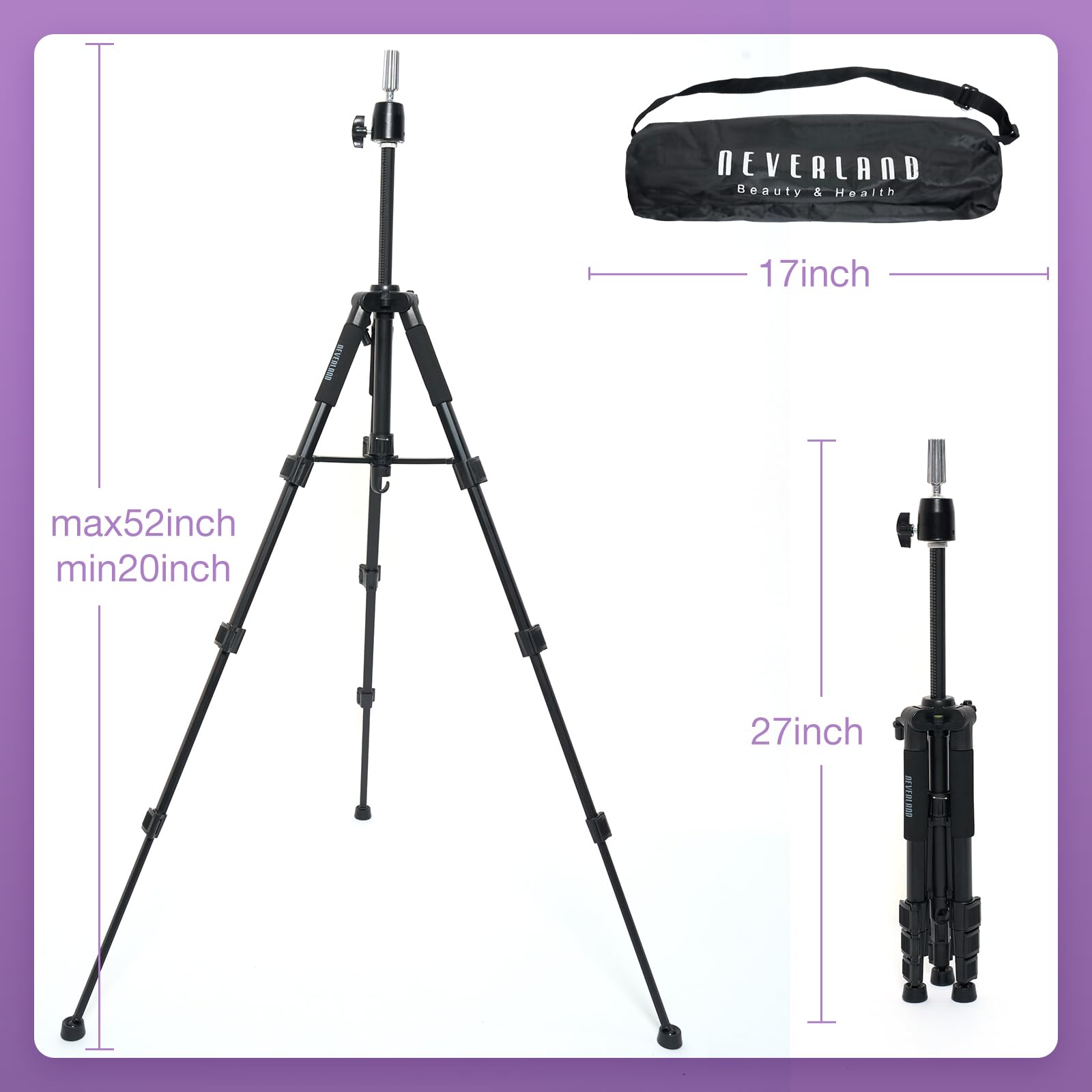 Supporto per parrucca da 52" (132cm), con base antiscivolo, supporto per parrucca regolabile ad alta resistenza, con ganci, per manicomio, con set di pin, per parrucca, pettine per capelli
