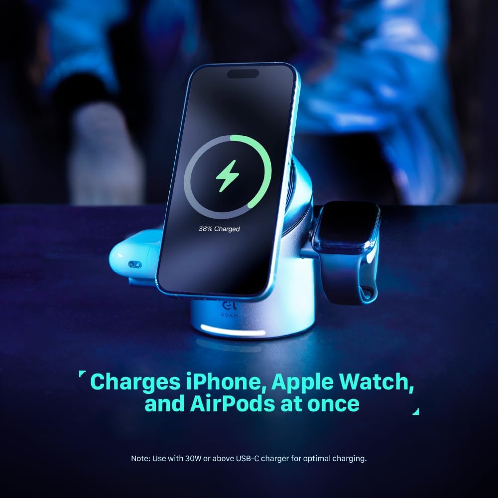 ADAM elements Qi2 Magnetic Wireless Charger/Fast Charger – Mag Tube Qi2 3-in-1 Intelligent Fast Charging Station 15W for iPhone 12/13/14/15/16/17 Series, Apple Watch & AirPods Series