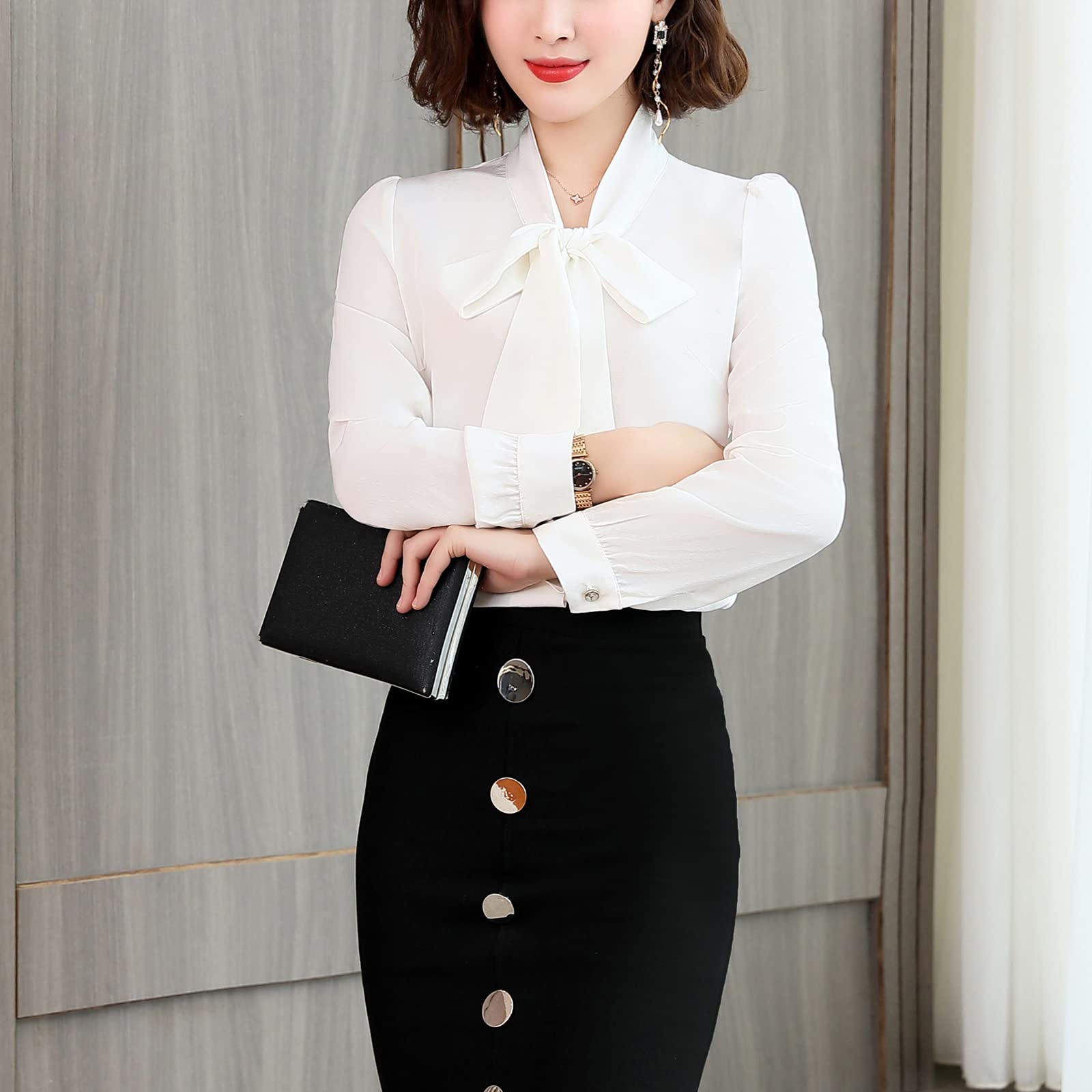 DISSA Chemise Soie Col Lavallière Manches Longues Boutonnée Top