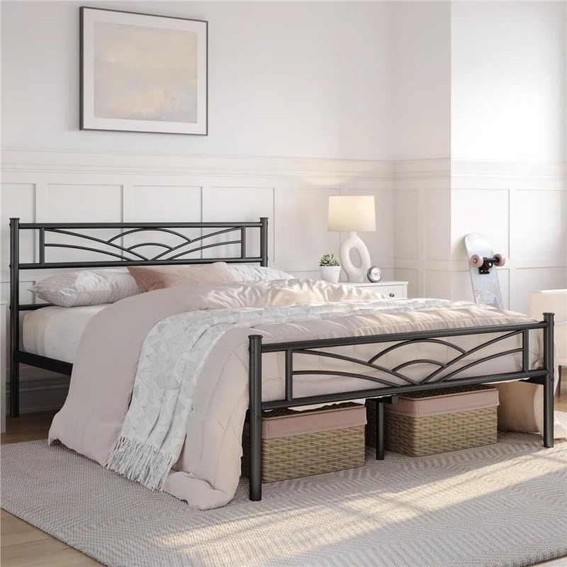 Noah Metal Bed King Size Without Storage | Wrought Iron King Cot Bed for Bedroom with Headboard and Footboard | Matte Finish Black (75x72)