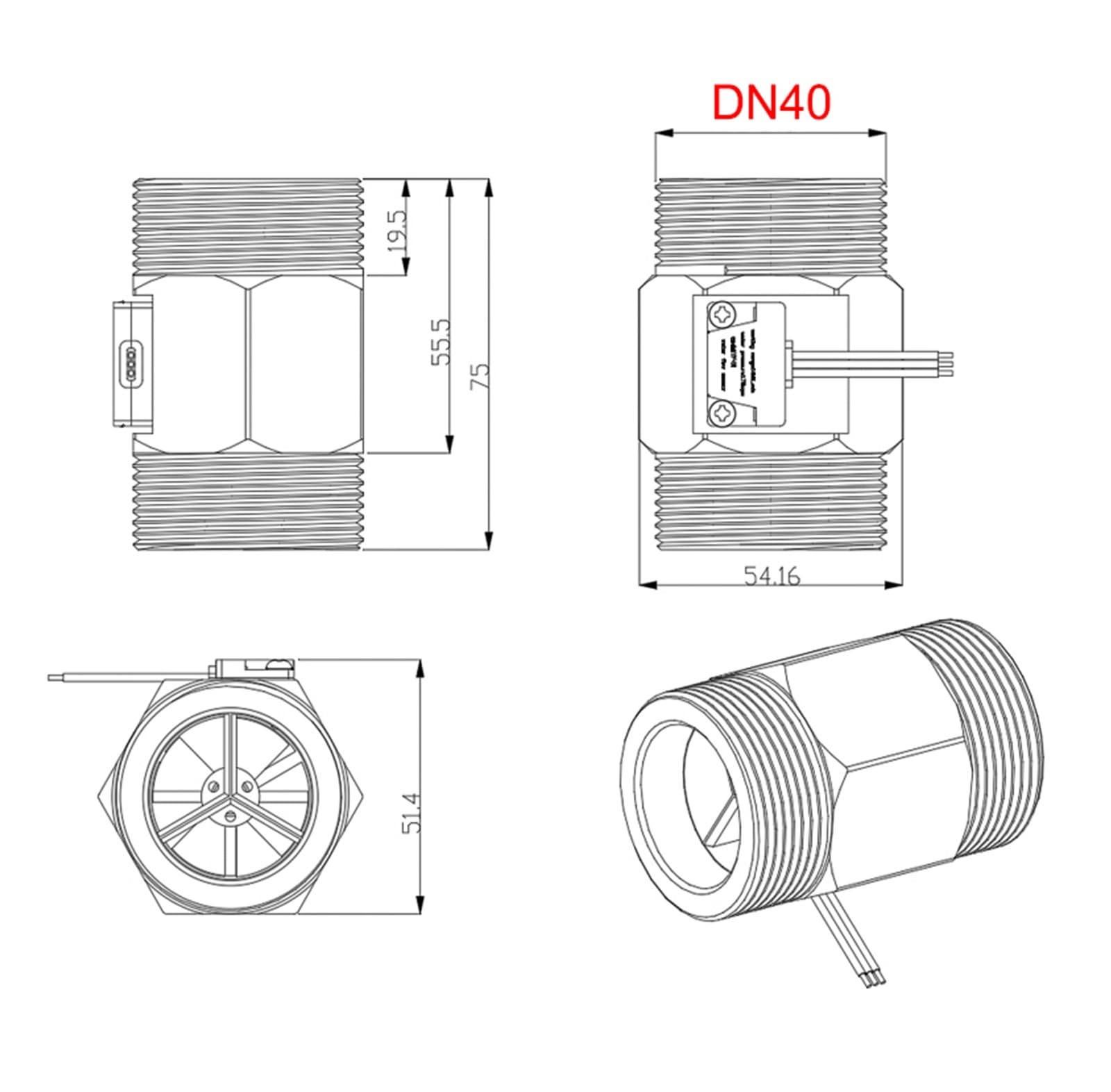 Caudalímetro de Líquido 1/2 "3/4" 1 "1-1/2" 2 "Sensor de flujo agua .75MPa Sensor Hall medidor turbina DC5~18V utilizado for medir el del medio(DN40)