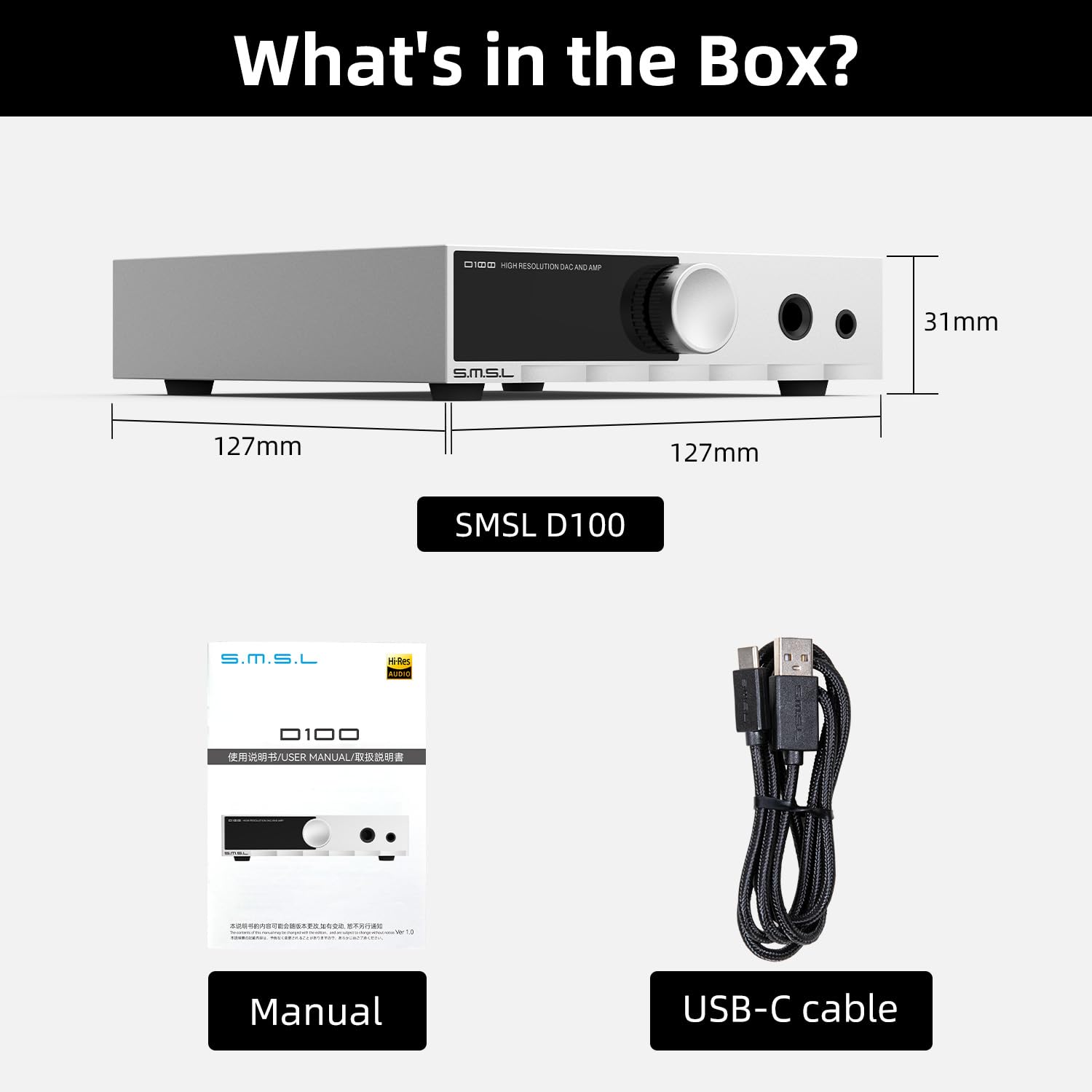 SMSL D100 DAC e amplificatore per cuffie da ufficio, chip ES9081, interfaccia audio a bilanciamento reale per stereo domestico, MQA, ingressi USB/ottico/coassiale, uscite 4,4 mm e 6,35 mm/RCA (nero)