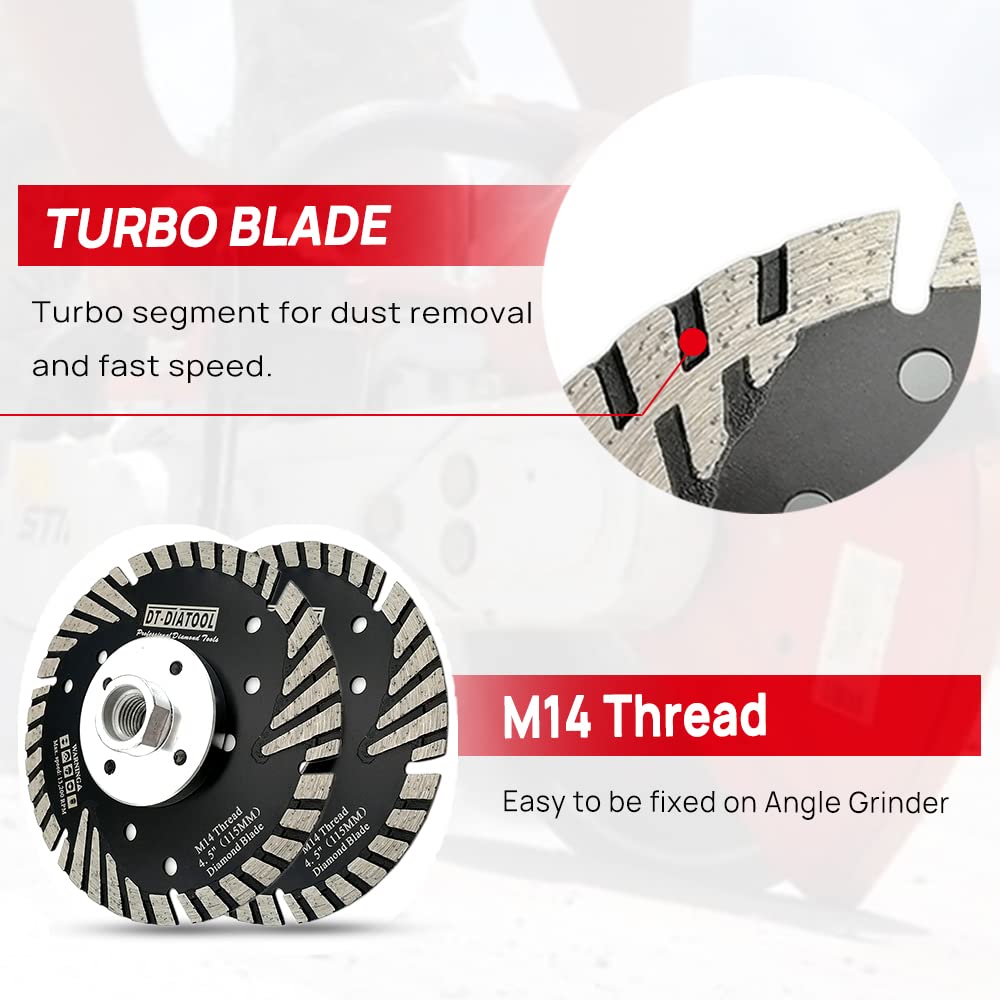 DT-DIATOOL Diamentowa tarcza tnąca turbo ze skośnymi zębami ochronnymi, 5 szt., tarcza tnąca 115 mm z gwintem M14 do płytek betonowych, granitu, marmuru, muru