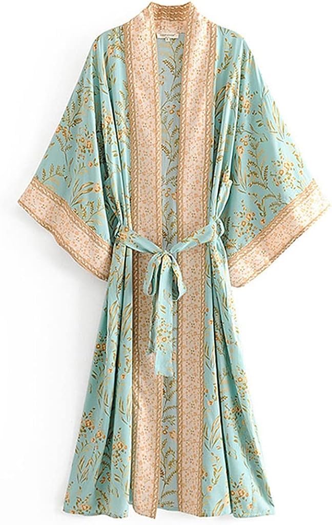 bathrobe summer bathrobe, bathrobe, bathrobe, gown pajamas for women, comfortable lounge wear and nightwear, vintage turquoise print series kimono holiday seaside lace sunscreen long coat Large green