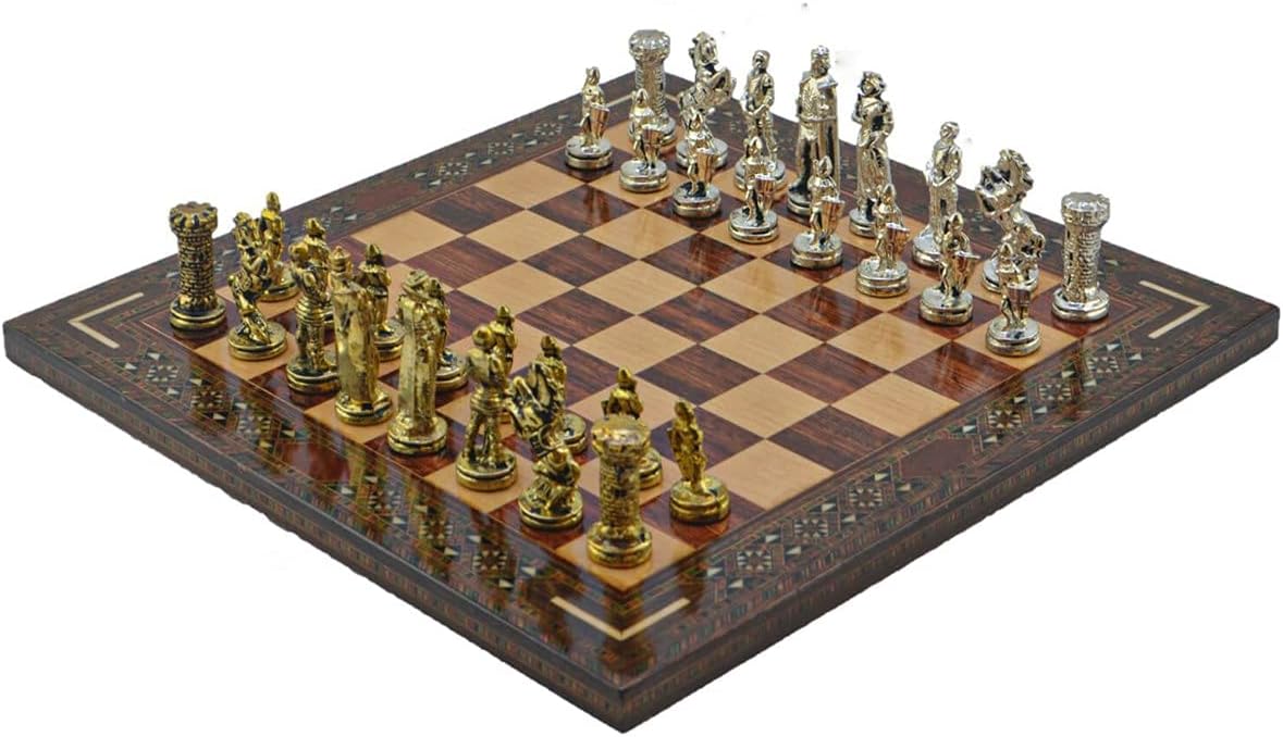 Medieval British Army Figures Metal Chess Set for Adult,Handmade Cool Pieces and Medium Size Natural Solid Wooden Chessboard with Pearl Design Around Board (Rose)