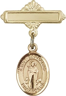 14kt Yellow Gold Baby Badge with St. Barnabas Charm and Polished Badge Pin 1 X 5/8 inches