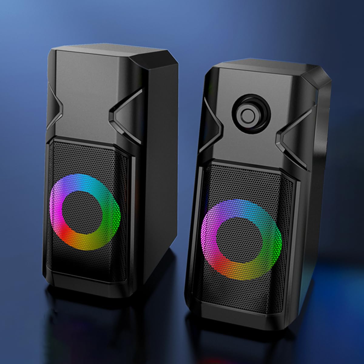 LEDPTS.jPDesktop Speakers, 2.0 Channel PC Computer HiFi Stereo Gaming Speaker with Colorful LED Light Modes, Enhanced Bass