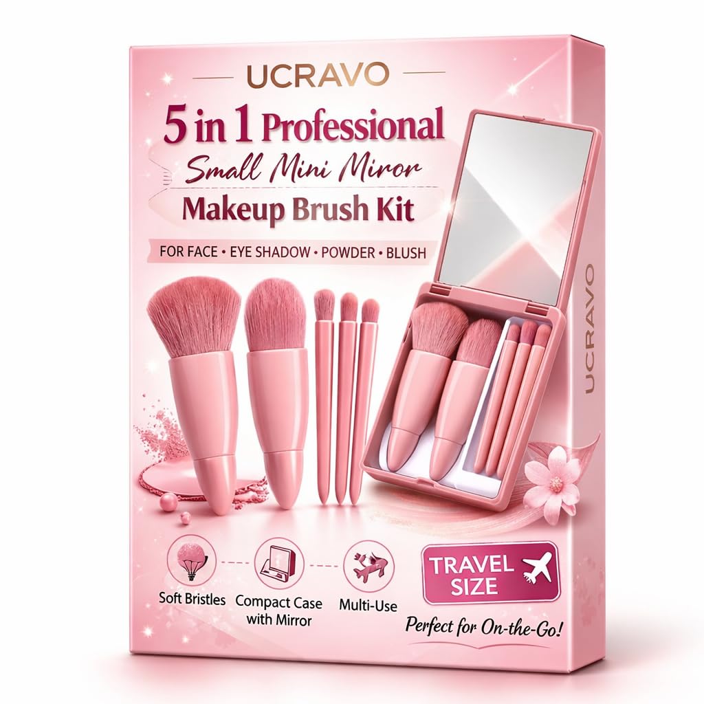 UCRAVO 5-in-1 Small Mini Makeup Brush Kit with Mirror – Compact Travel Cosmetic Set for Face, Eyeshadow, Blush, Powder & Lip Application – Portable Makeup Brush Kit for Women, Teens & Beginners-image-12