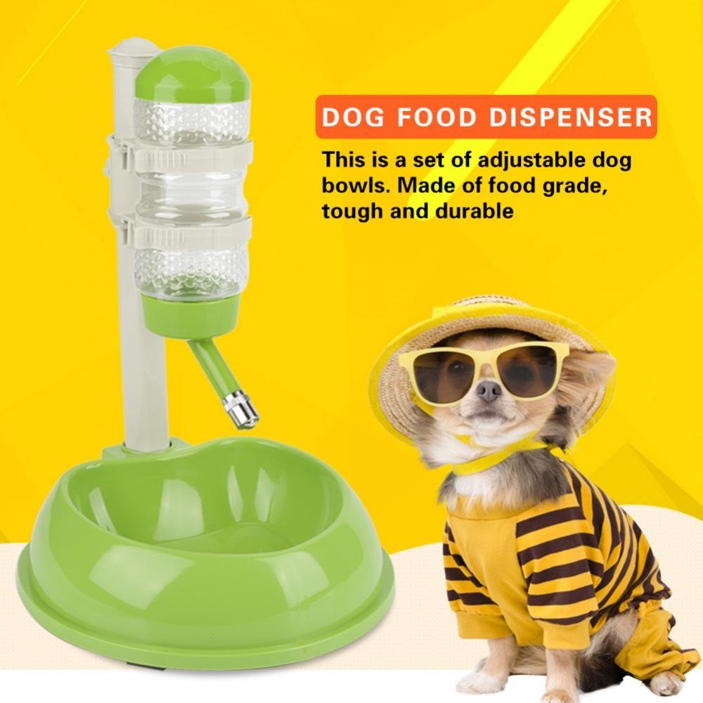 Fdit Dispensador de Agua Potable 500ml Cuenco de Alimentos con Botella de Agua para Mascotas Dispensador Grande Ajustable Automáticamente de Altura para Gato Socialme-EU(Verde)
