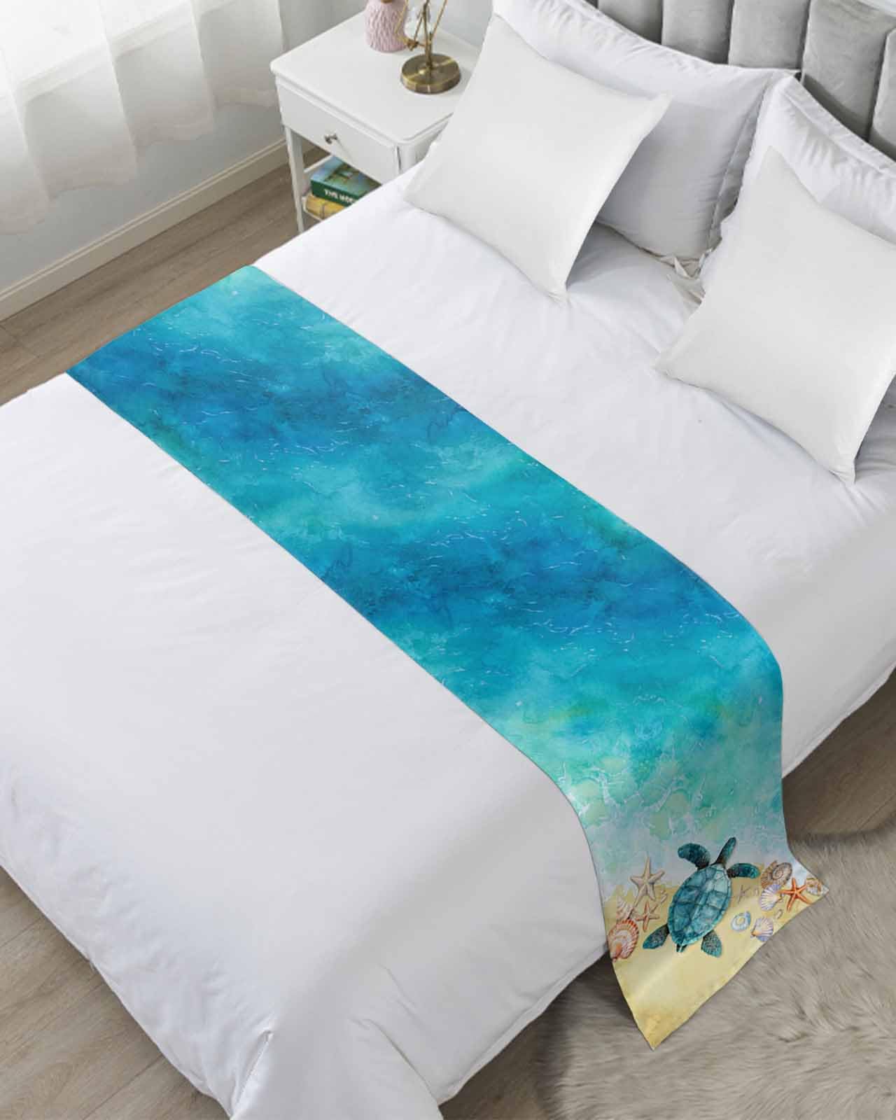 Yukro Bed Runner Scarf, Sea Turtle Summer Turquoise Ocean Watercolor Shell Conch Full Bed Scarf Runner, No Fading Decorative Bedding Scarf for Bedroom Hotels Homes and Guestrooms