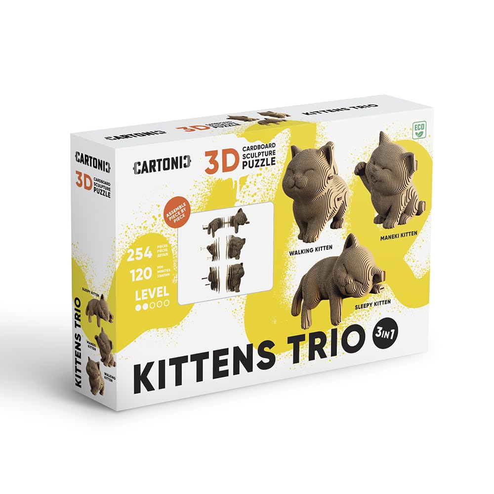 Gattini Trio Puzzle 3D in Cartone – Kit 3 Modellini | 254 Pezzi, Kit Fai da Te in Cartone Riciclato da Montare e Dipingere – Adolescenti e Adulti, Idea Regalo Creativo