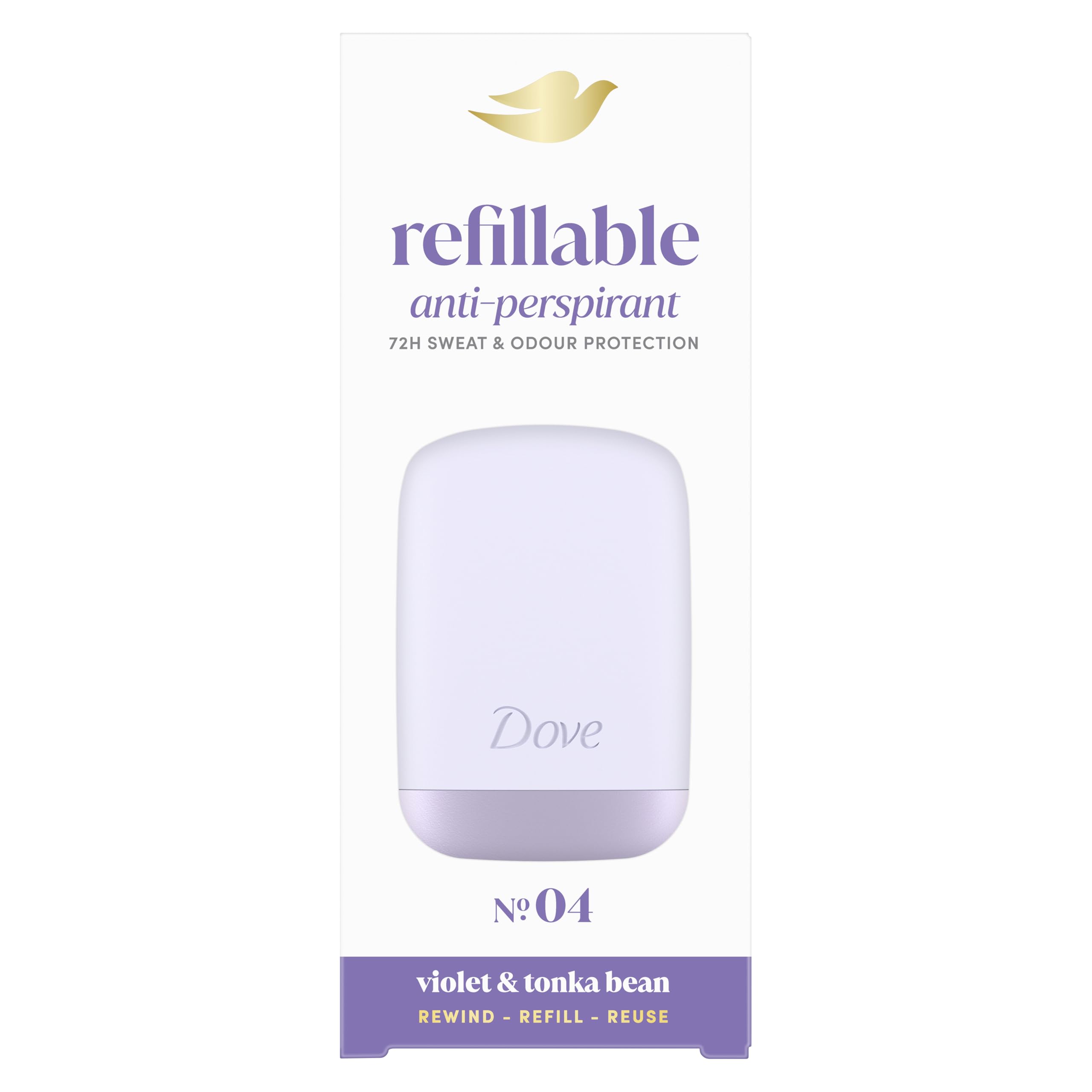 Dove No. 4 Violet & Tonka Bean Anti-Perspirant Starter Kit women's antiperspirant stick styled to last with 72h odour protection, with Dove's signature care, dermatologically tested, 1 x 35 ml refill