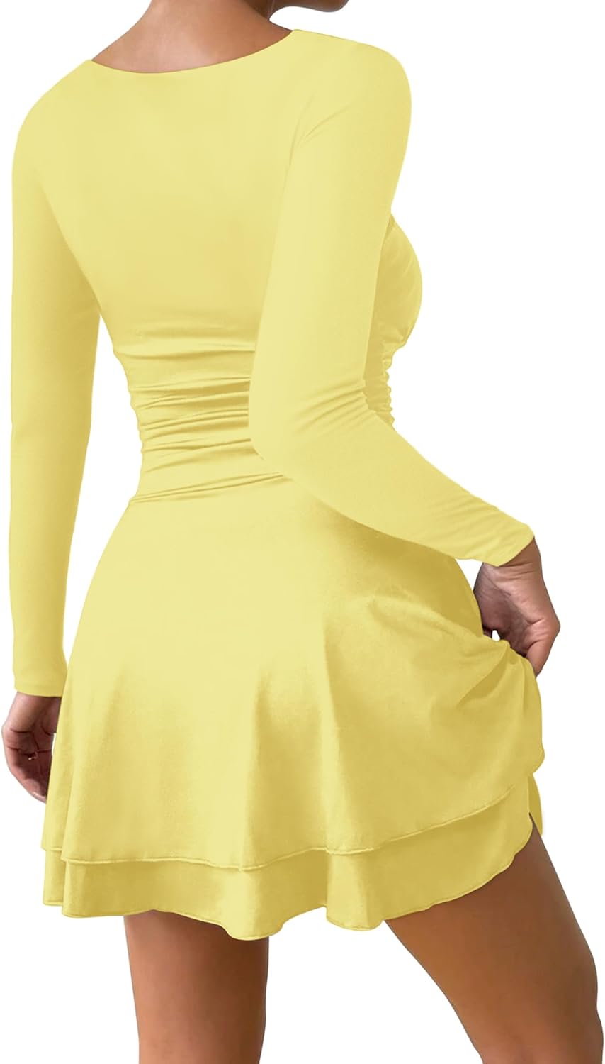 IWD Women's Square Neck Long Sleeve Mini Dress Ruched Corset Waist Tiered Ruffle Hem A Line Short Party Dresses - Image 4