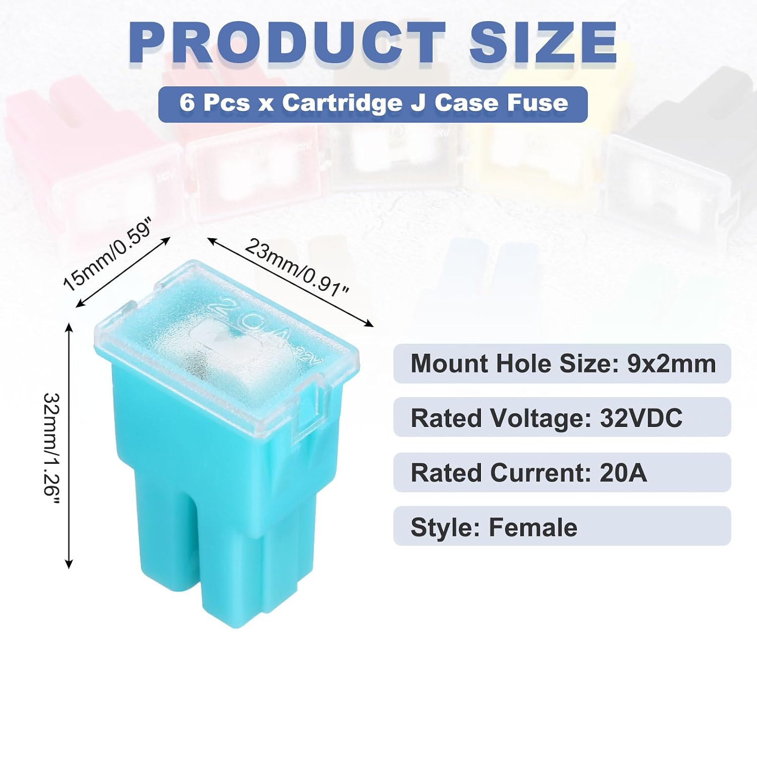 MECCANIXITY 6pcs Cartridge Fuse, 32VDC 20A Female Terminal Automotive Assortment J Case Fuse for Car, Truck, RV, Boats, Blue