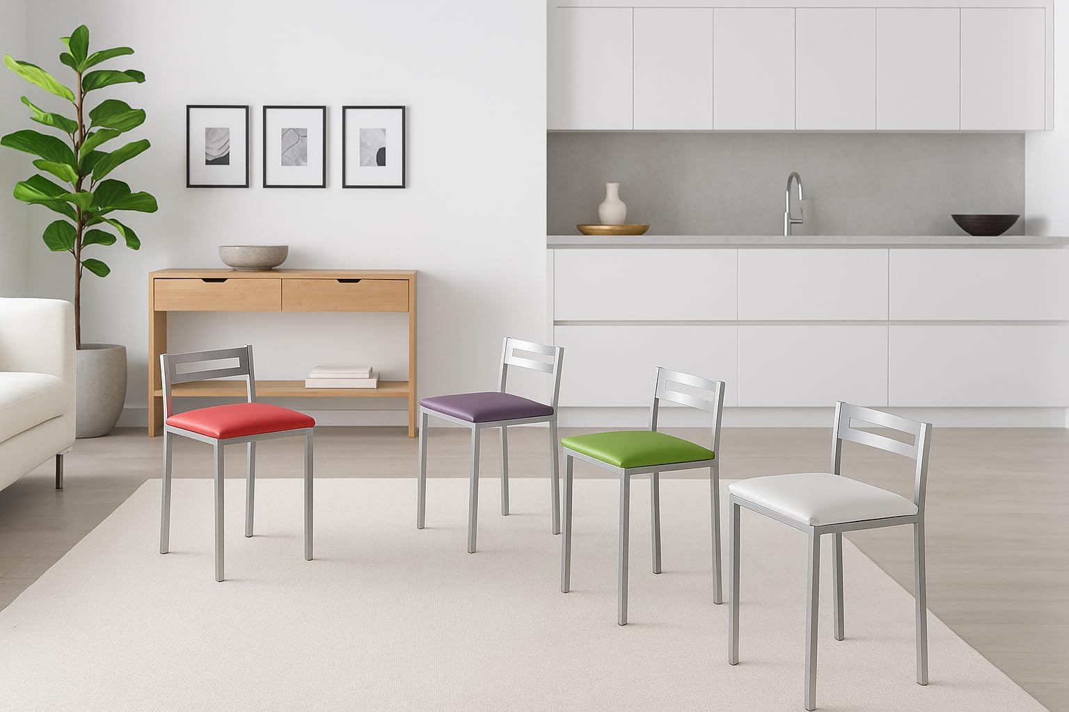 MOMMA HOME Taburetes de Cocina - Pack 2 Taburetes de Cocina, Banquetas, Taburete Bar, Material Metal/Ecopiel, MOLI, Medidas 34x34x65cm (Blanco y Plata)