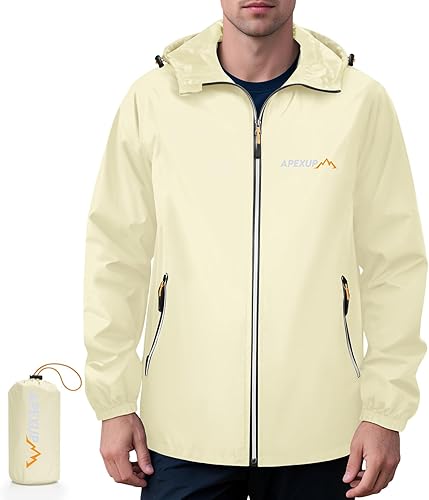 APEXUP Chaqueta de lluvia empacable para hombre con cremallera reflectante, impermeable ligero, chaqueta de lluvia para hombre para deportes al aire