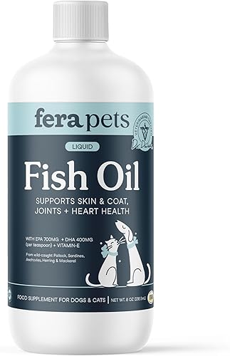 Miniatura 1 de Fera Pets Aceite de pescado para perros y gatos con DHA, EPA, vitamina E y ácidos grasos omega-3  Suplemento líquido de aceite de pescado  Función