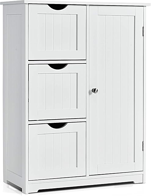 COSTWAY Bathroom Floor Cabinet, Wooden Free Standing Storage Cupboard with 3/4 Drawers, Adjustable Shelf and Door, Home Kitchen Living Room Hallway Organiser Unit (White, 3 Drawers)