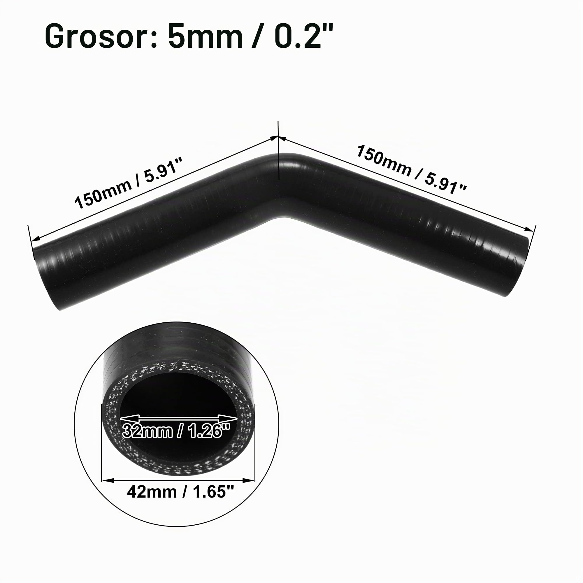 QUARKZMAN Manguera Silicona Intercooler Turbo Negro 1Pc 32Mm 45 Grados | Diámetro Interior 32Mm, Diámetro Exterior 42Mm, Longitud 150Mm, Grosor 5Mm, Temperatura -60°C A 300°C, Universal