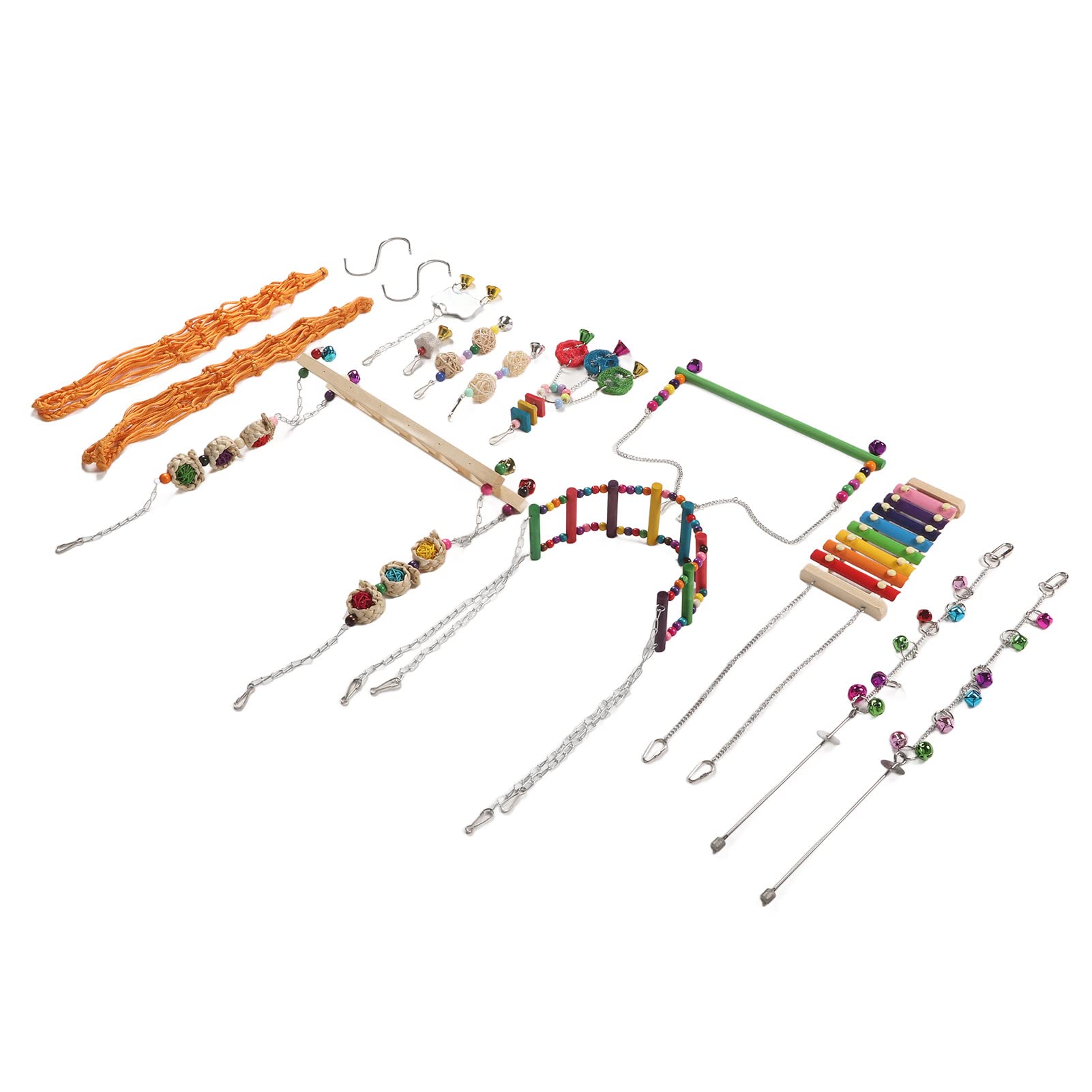 12-teiliges Hühnerstall-Spielzeug, bunte Leier, Schaukel, Hängebrücke, Leiter, Obstgabeln, Spiegel, Rattan-Kugelschnur-Set